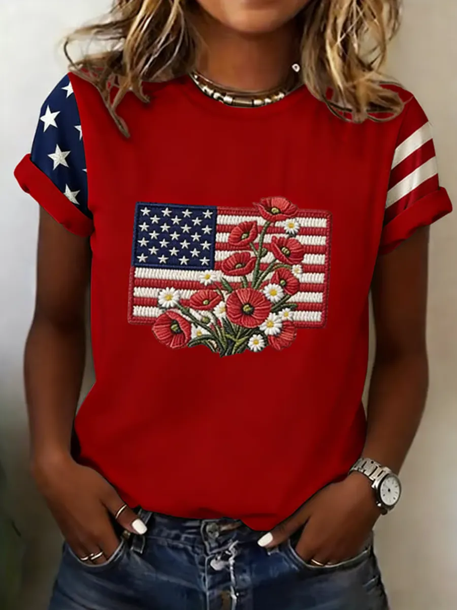 Women'S Casual Round Neck Patriot Red Friday Print T-Shirt