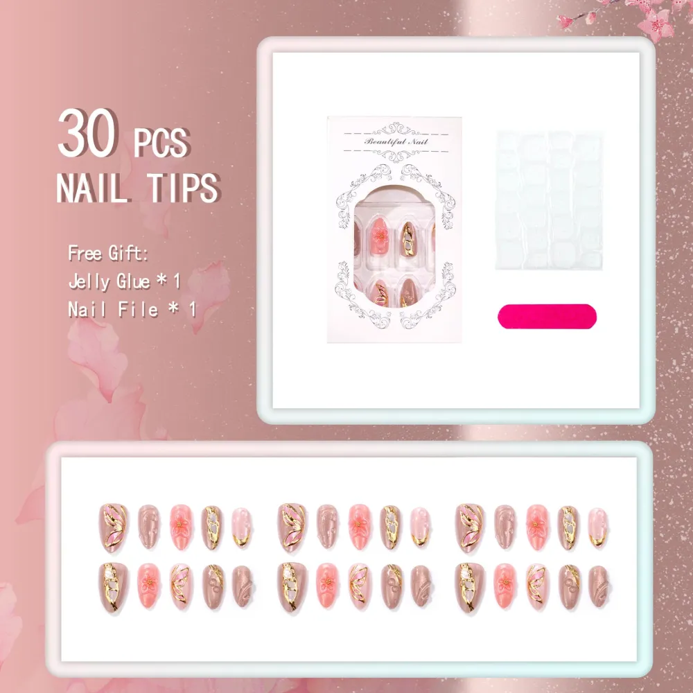 Nailhour 30Pcs Gradient Floral 3D Medium Almond French Press On Nails