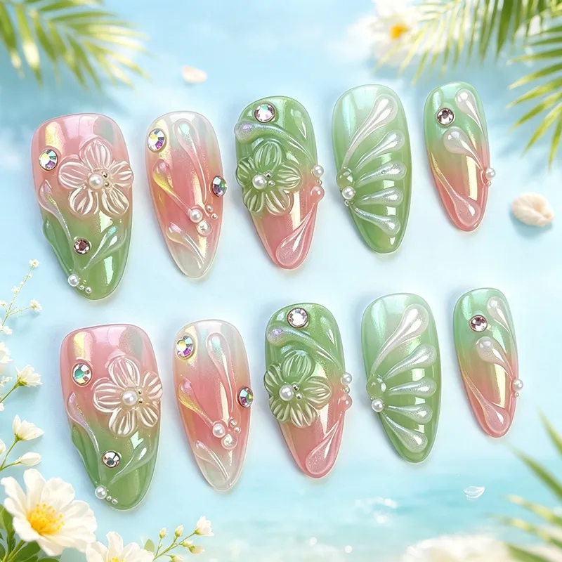 Nailhour Gradient 3D Green 30Pcs Floral Almond Press On Nails