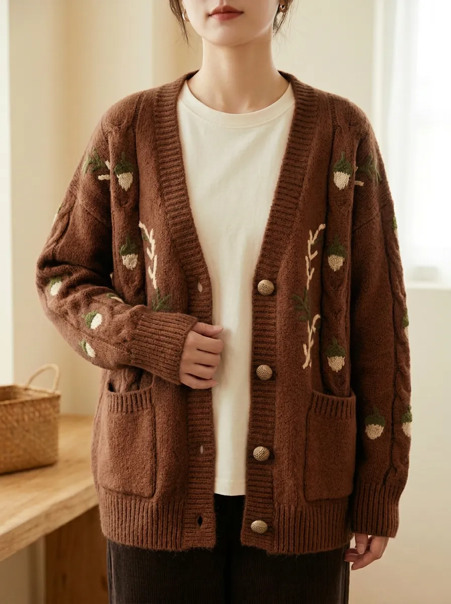 Woodland Acorn Pattern Embroidered Women's Knit Cardigan