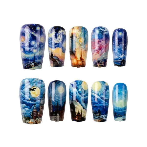 Nailhour Handmade 10pcs Van Gogh's Starry Night Long Coffin Press On Nails