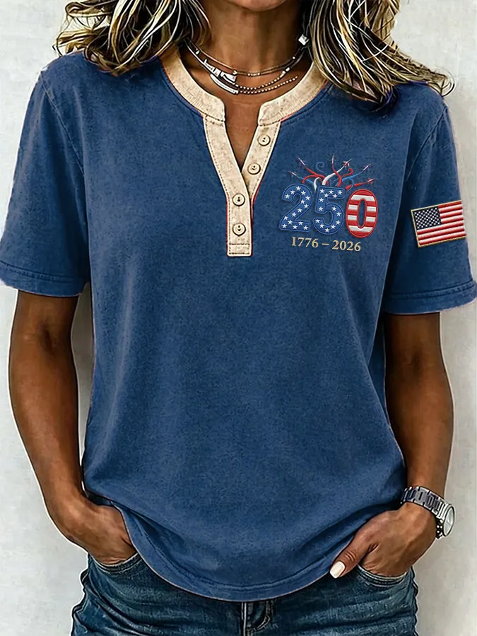 Female Leisure Patriotic Fireworks Flag Button T-Shirt