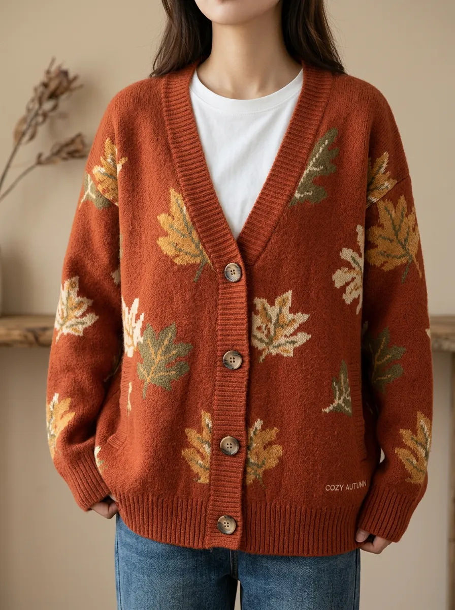 Artful Maple Leaf Pattern Patterned Women's Knit Cardigan