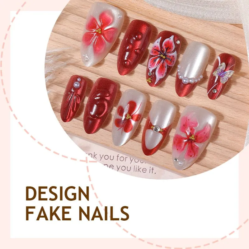 Nailhour 30Pcs Amber 3D Medium Almond French Red Press On Nails
