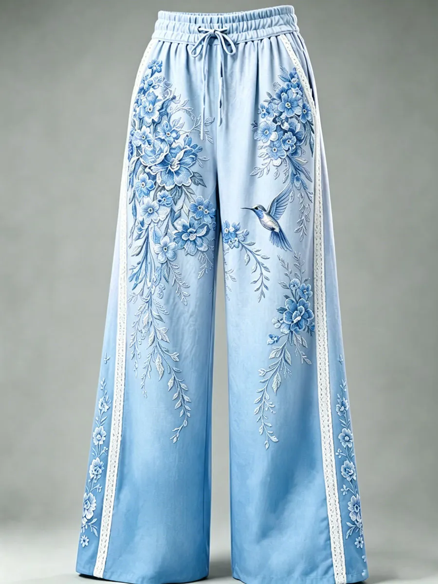 Women's Floral Print Embroidered Palazzo Pants