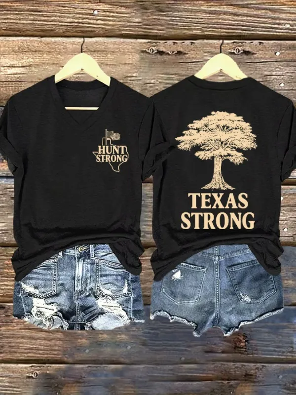 V Neck Retro Texas Strong Hunt Strong Print T-Shirt