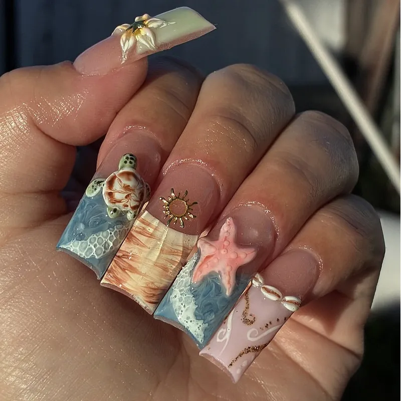 Nailhour 24Pcs Multicolo Beach 3D Long Almond Press On Nails