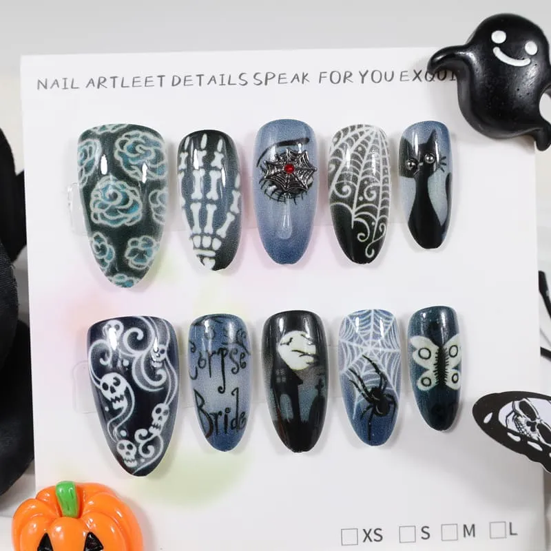 Nailhour 30Pcs Halloween Spider Web 3D Medium Almond French Press On Nails