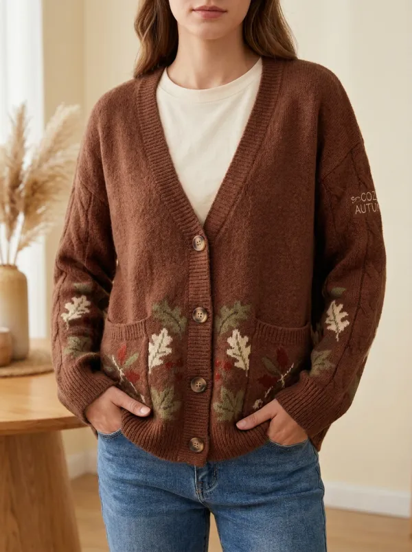 Oak Leaf Embroidered Women's Knit Cardigan