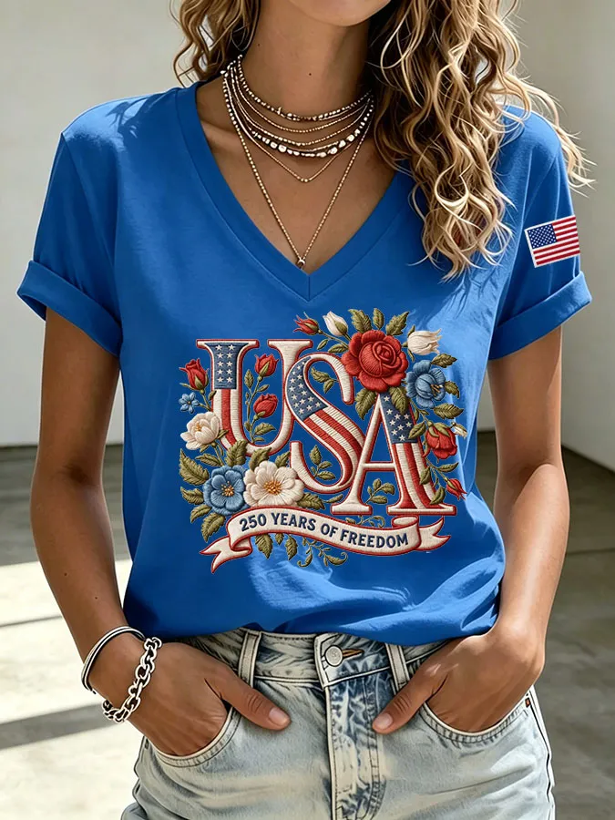 Women's Flower Independence Day Printed Casual T-shirt