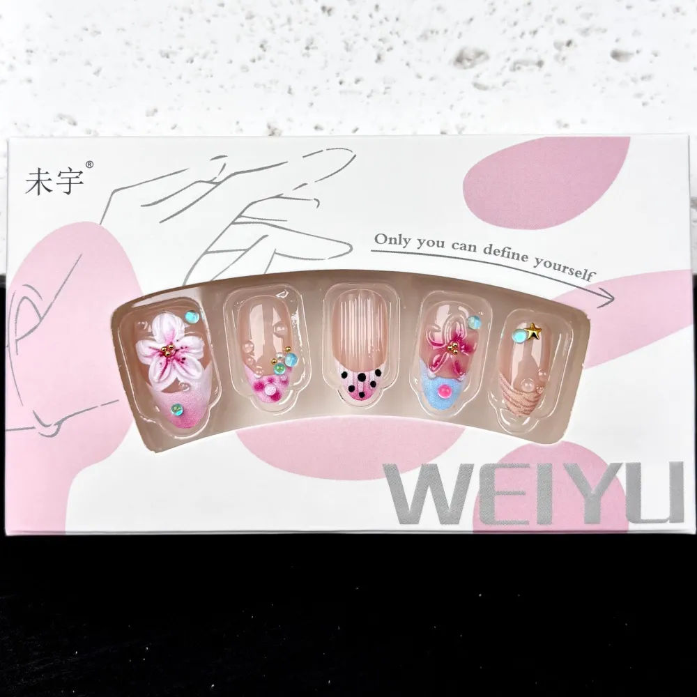 Nailhour 30Pcs French Rhinestone Gradient Medium Almond Press On Nails