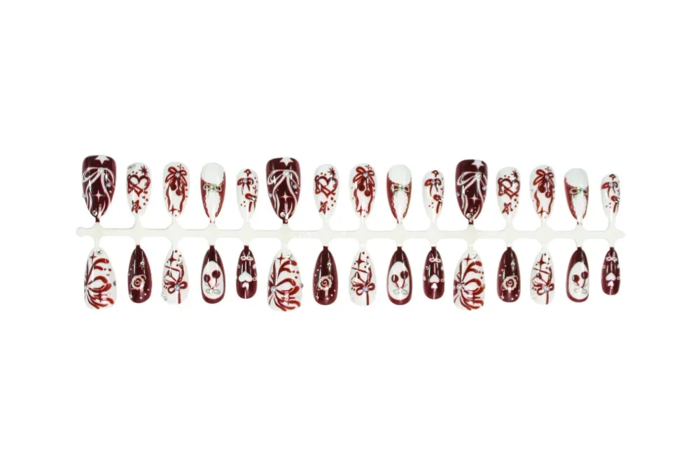 Nailhour 30Pcs Heart Cherry 3D Medium Almond French Press On Nails