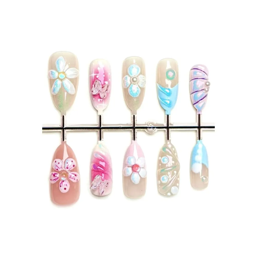 Nailhour 30Pcs Floral 3D Medium Almond Glitter French Press On Nails