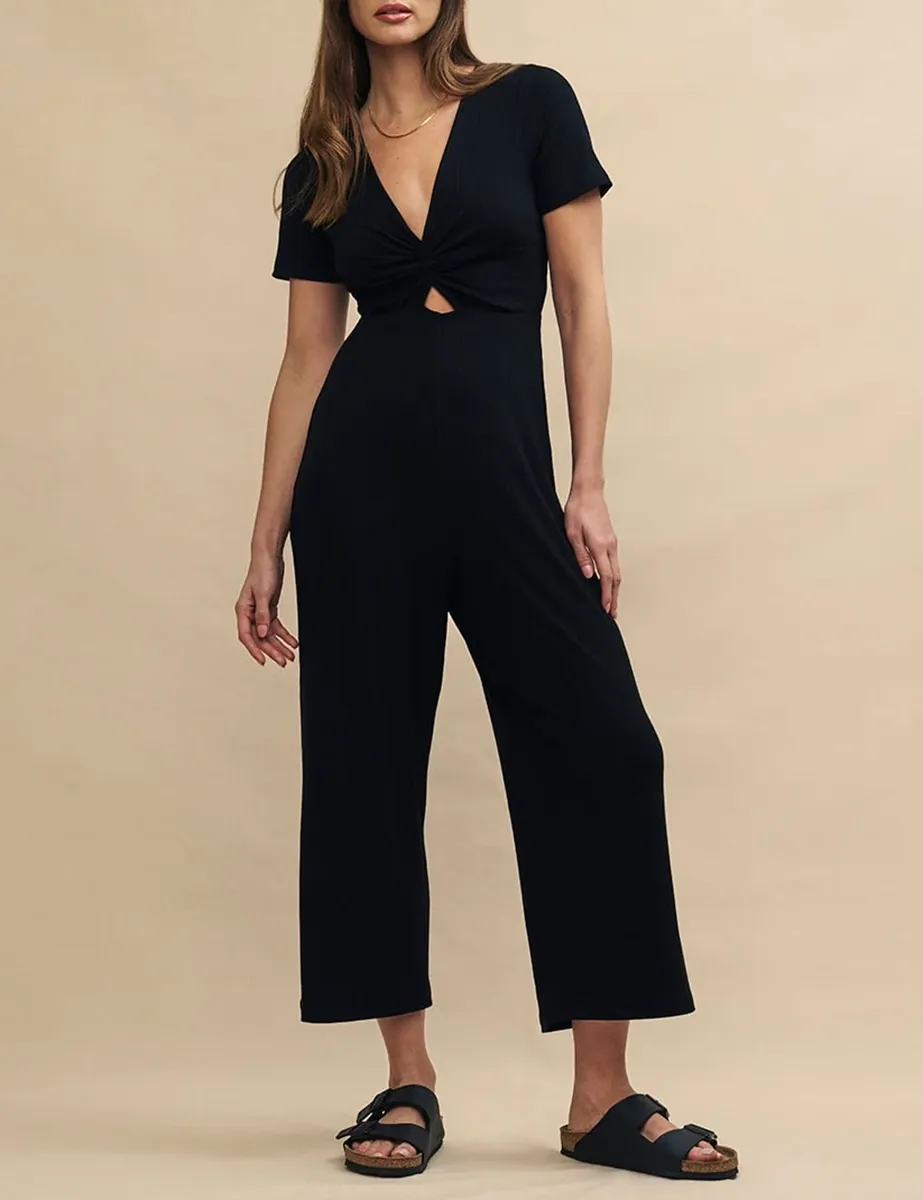 Black Short Sleeve V-Neck Jumpsuit