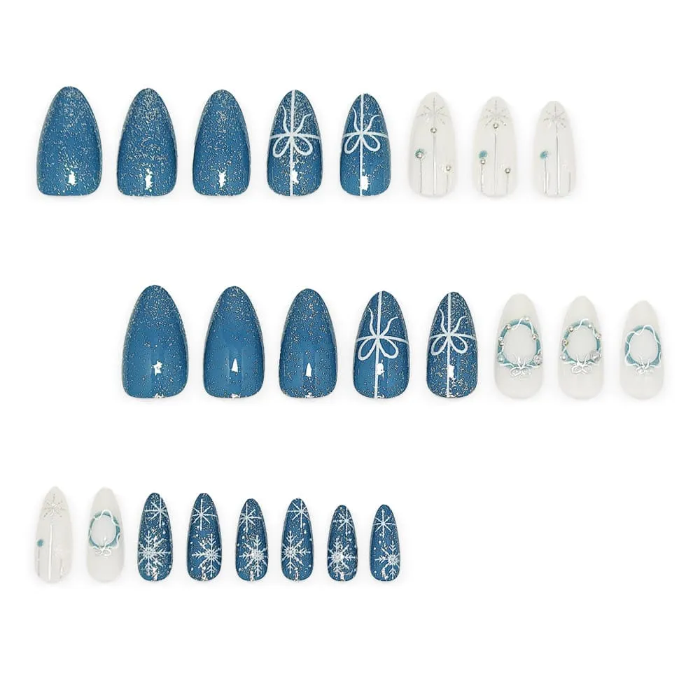 Nailhour 24Pcs Christmas Blue Glitter Medium Almond French Press On Nails