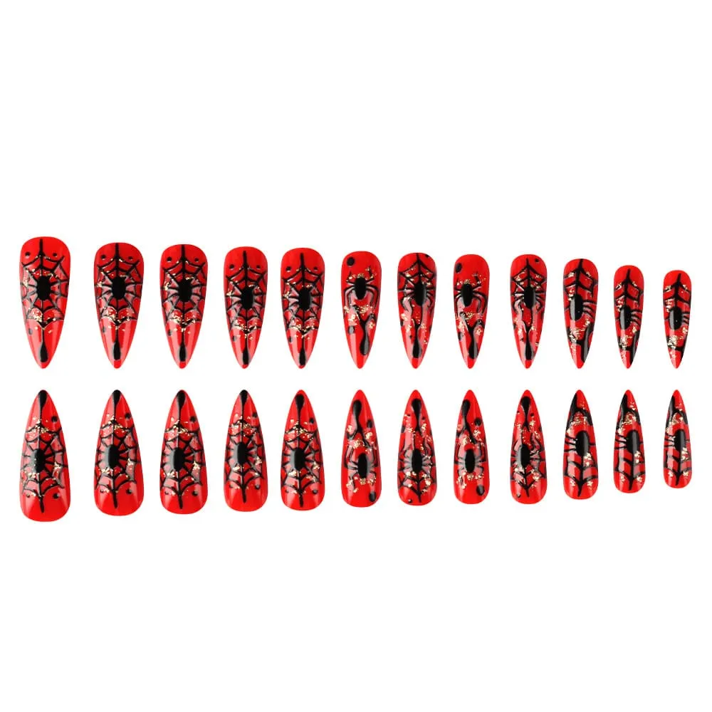 Nailhour 24Pcs Halloween Red Spider Web Medium Almond Press On Nails