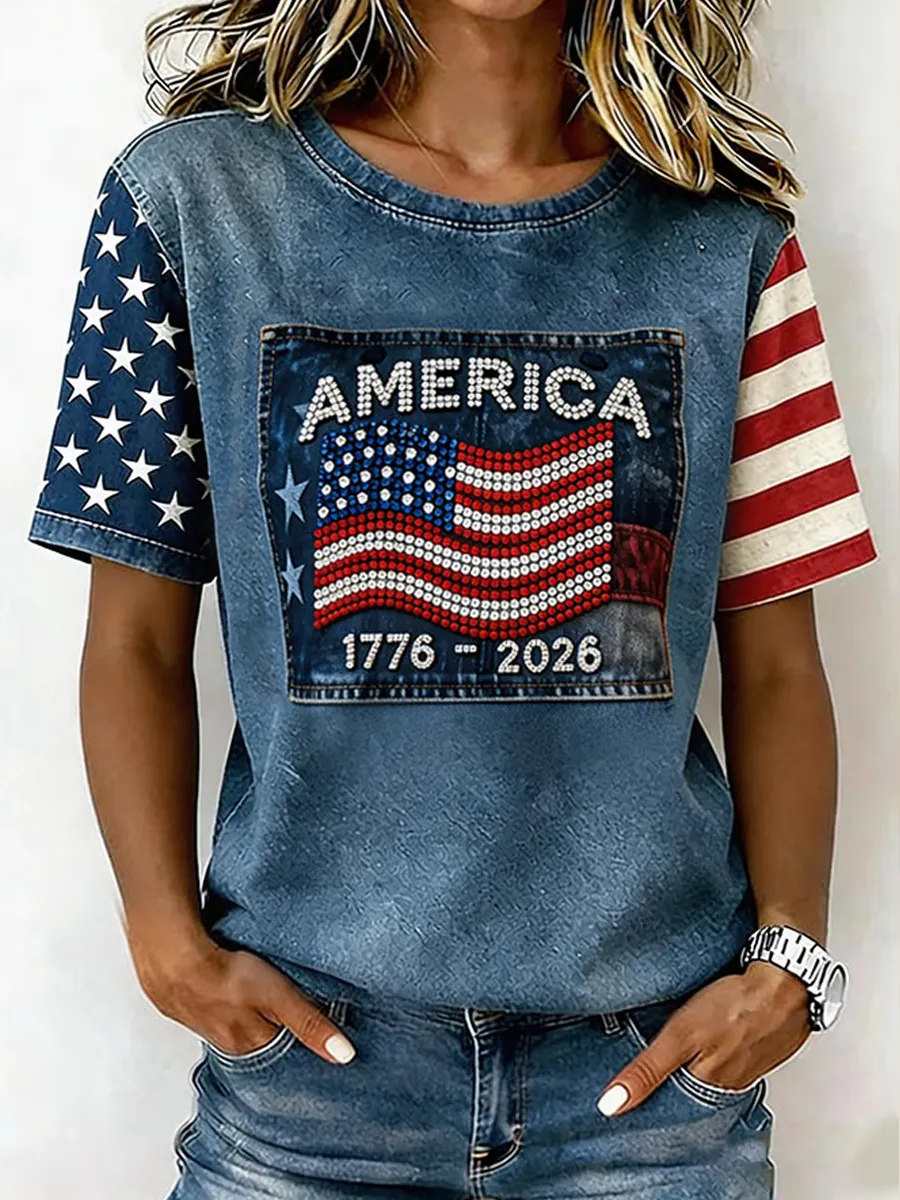 Women's casual round neck Patriot printed T-shirt