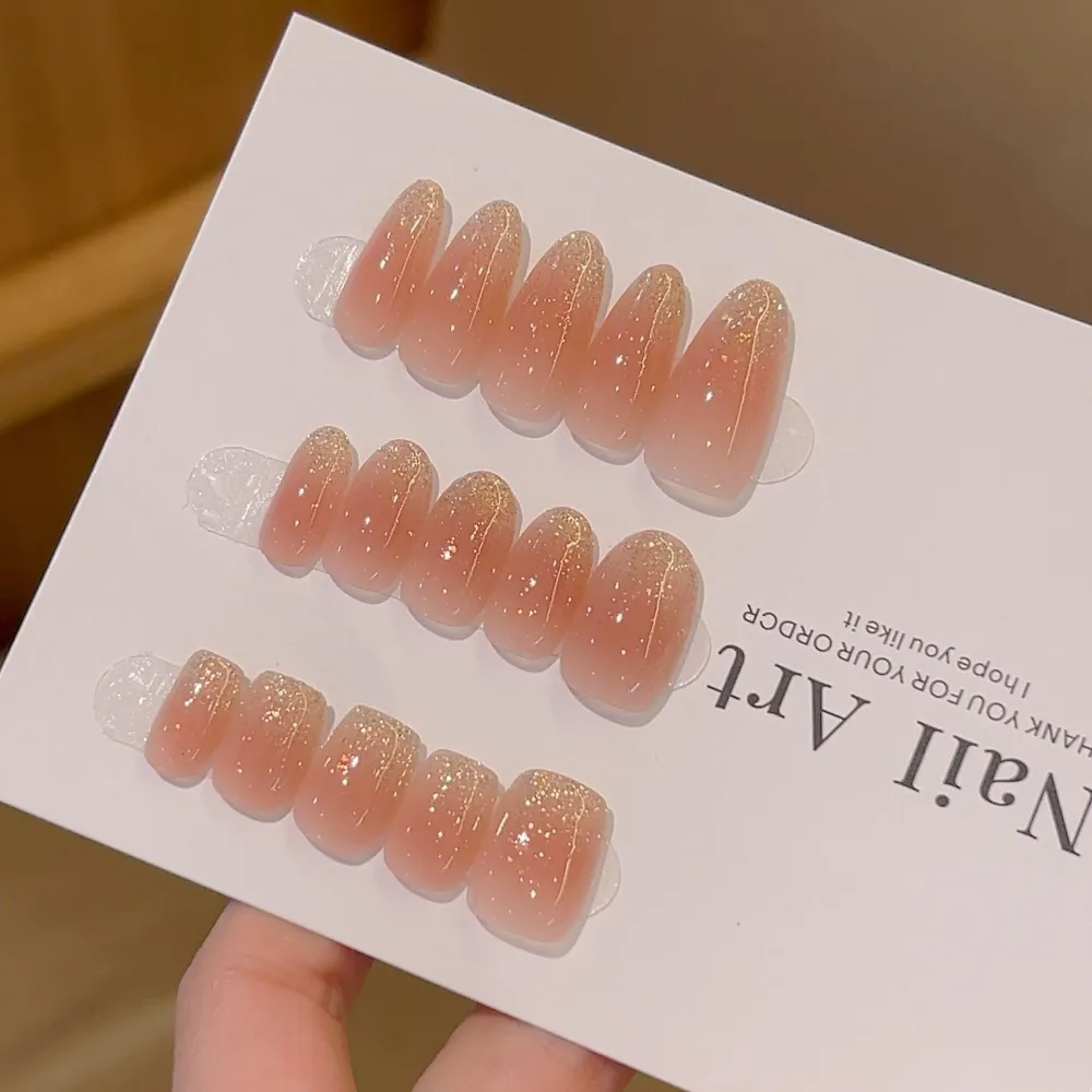 Nailhour 10Pcs Nude Gradient Glitter Medium Oval Press On Nails