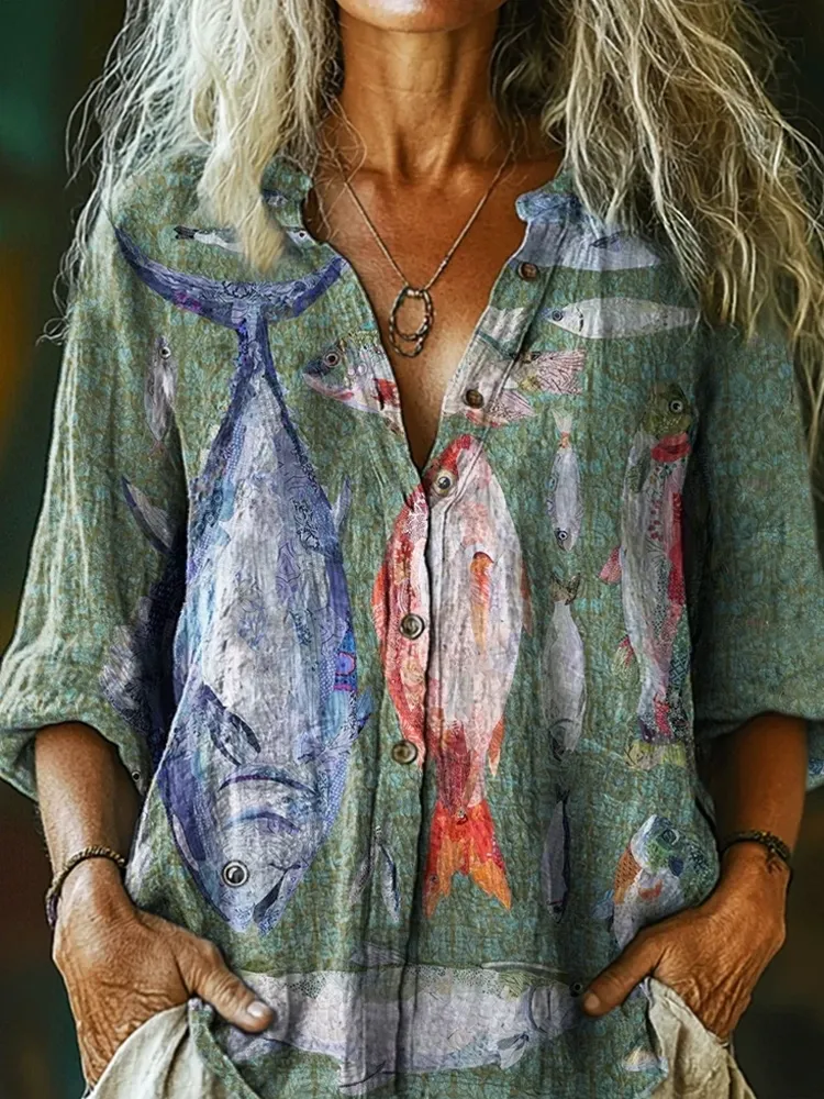 Women's Vintage Fish Collage Art Pattern Print Casual Cotton Linen Shirt