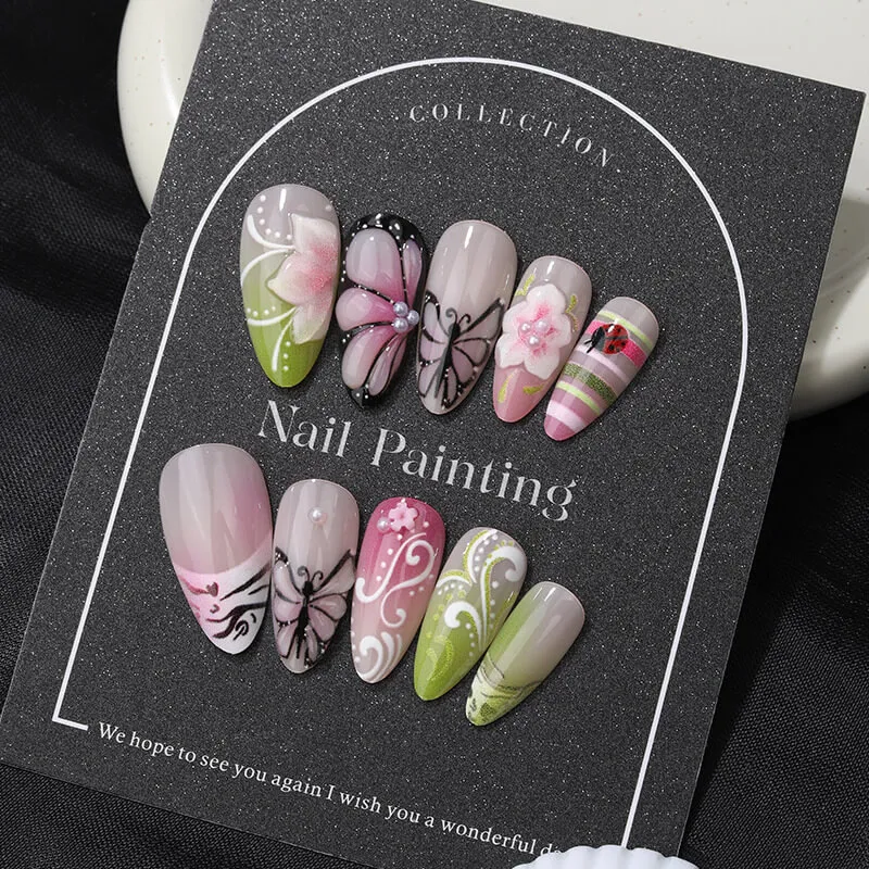 Nailhour 24Pcs French Medium Almond Garden Dawn Press On Nails