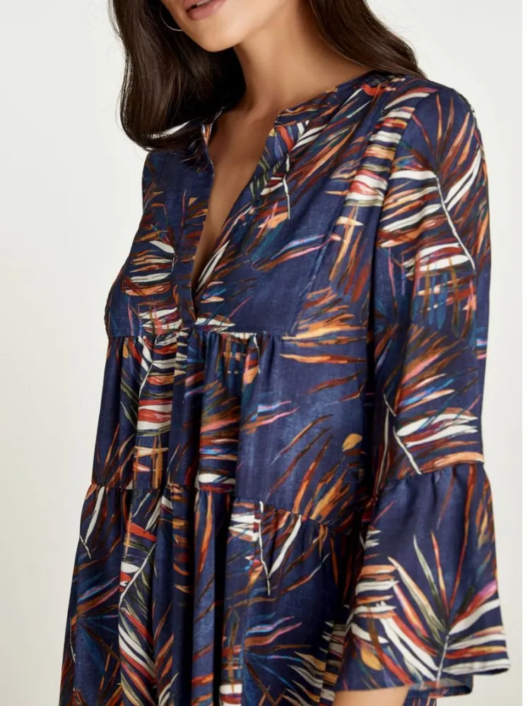 Leaf Print Notched Long Sleeve Dress