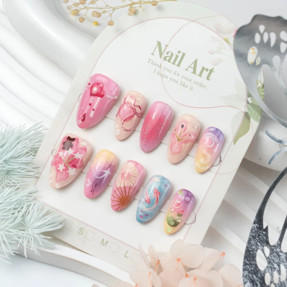 Nailhour 30Pcs Floral 3D Teddy Bear Medium Almond French Press On Nails