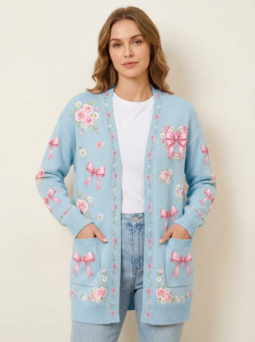 Women's Breast Cancer Awareness Pink Bow Floral Printed Cardigan