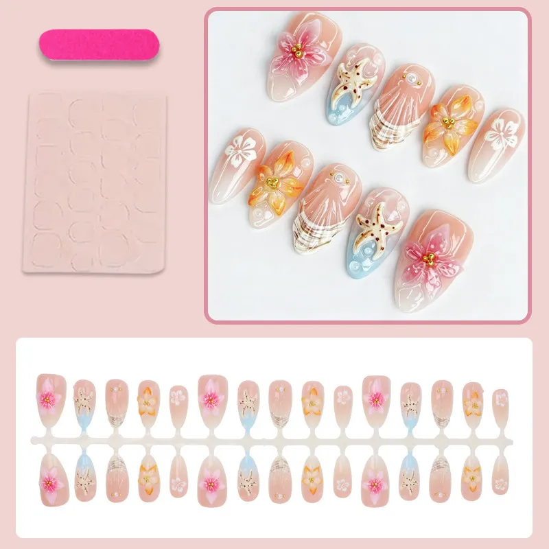 Nailhour 3D Nude Floral 30Pcs Ocean Summer Press On Nails