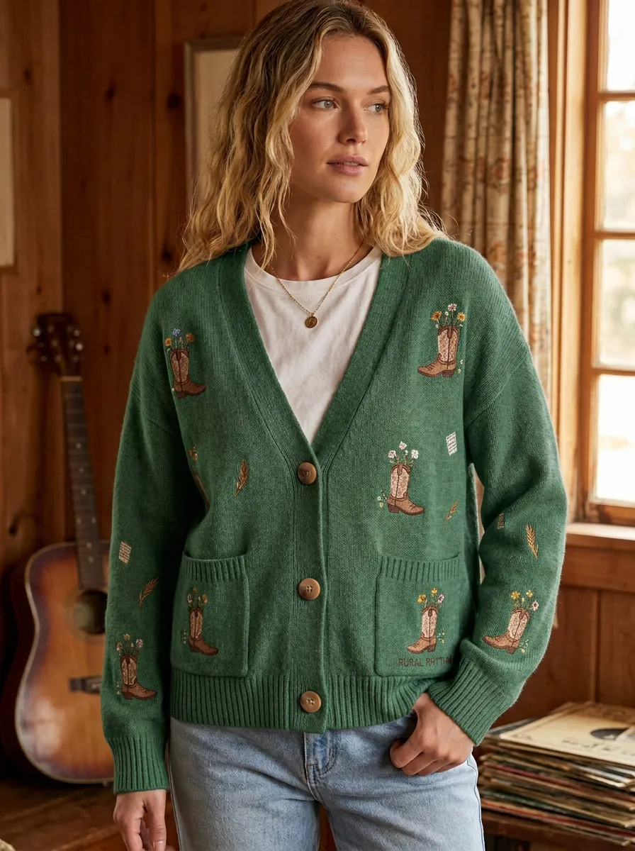 Cowboy-Boot Floral Women's Country Music Knit Cardigan