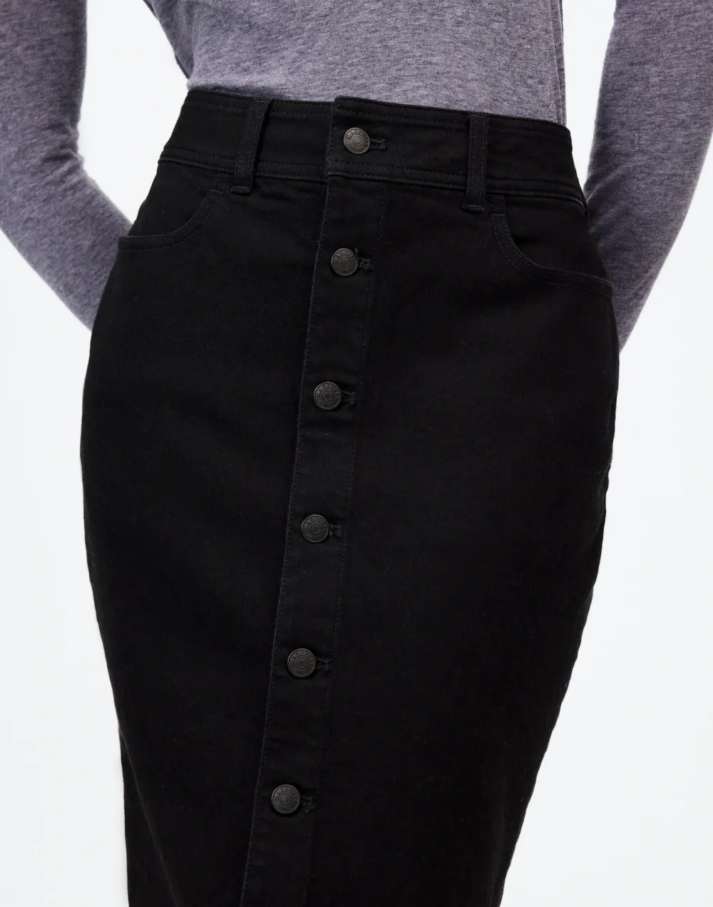 Black Button-Front Denim Midi Skirts