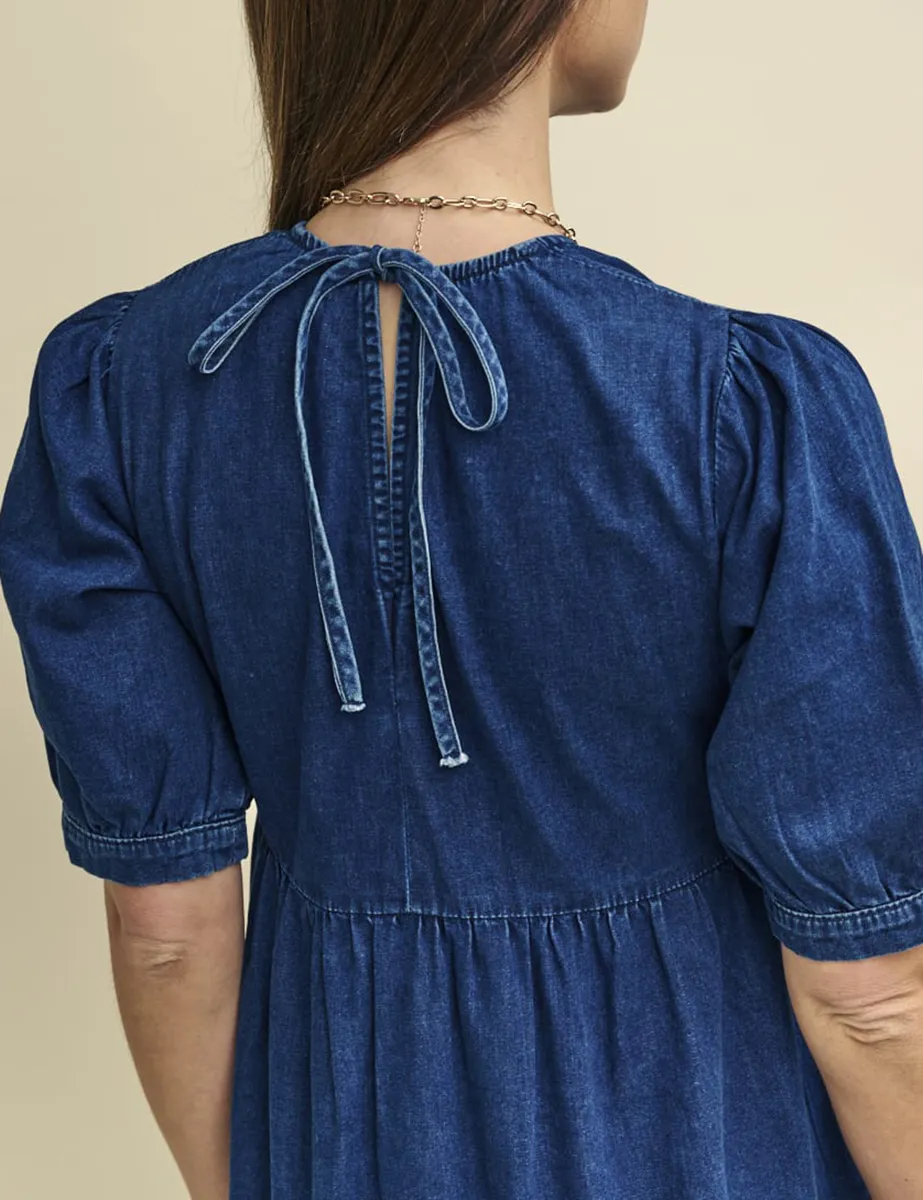 Denim Tiered Skirt Midi Dress