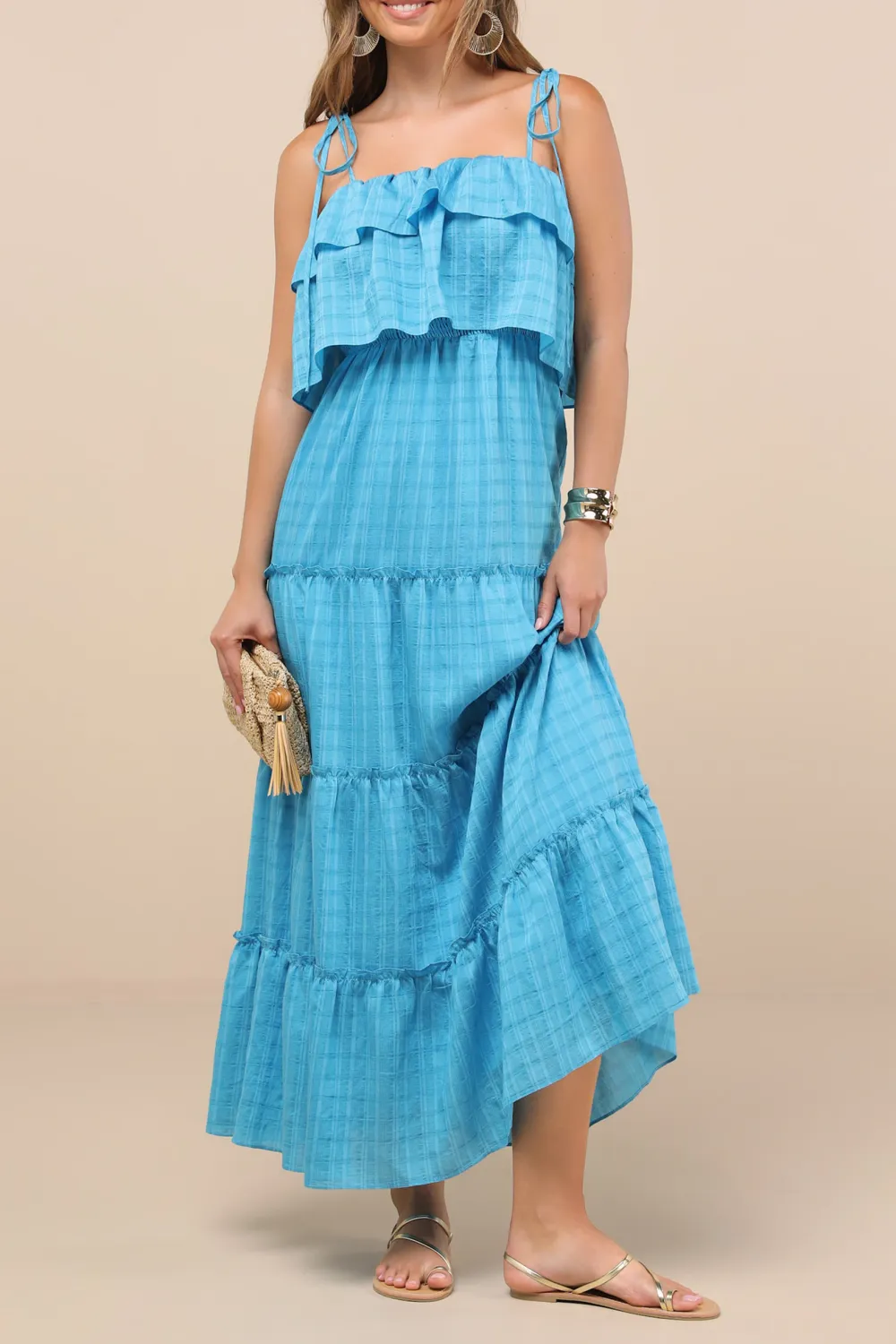 Casual Style Aqua Blue Textured Tie-Strap Tiered Maxi Dress