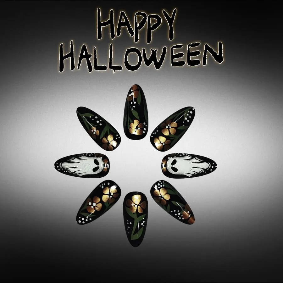 Nailhour 24Pcs 3D Cute Ghost Glossy Gilded Halloween Short Almond Press On Nails