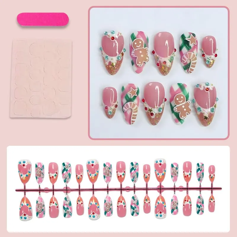 Nailhour 30Pcs Gingerbread Man 3D Medium Almond French Christmas Press On Nails