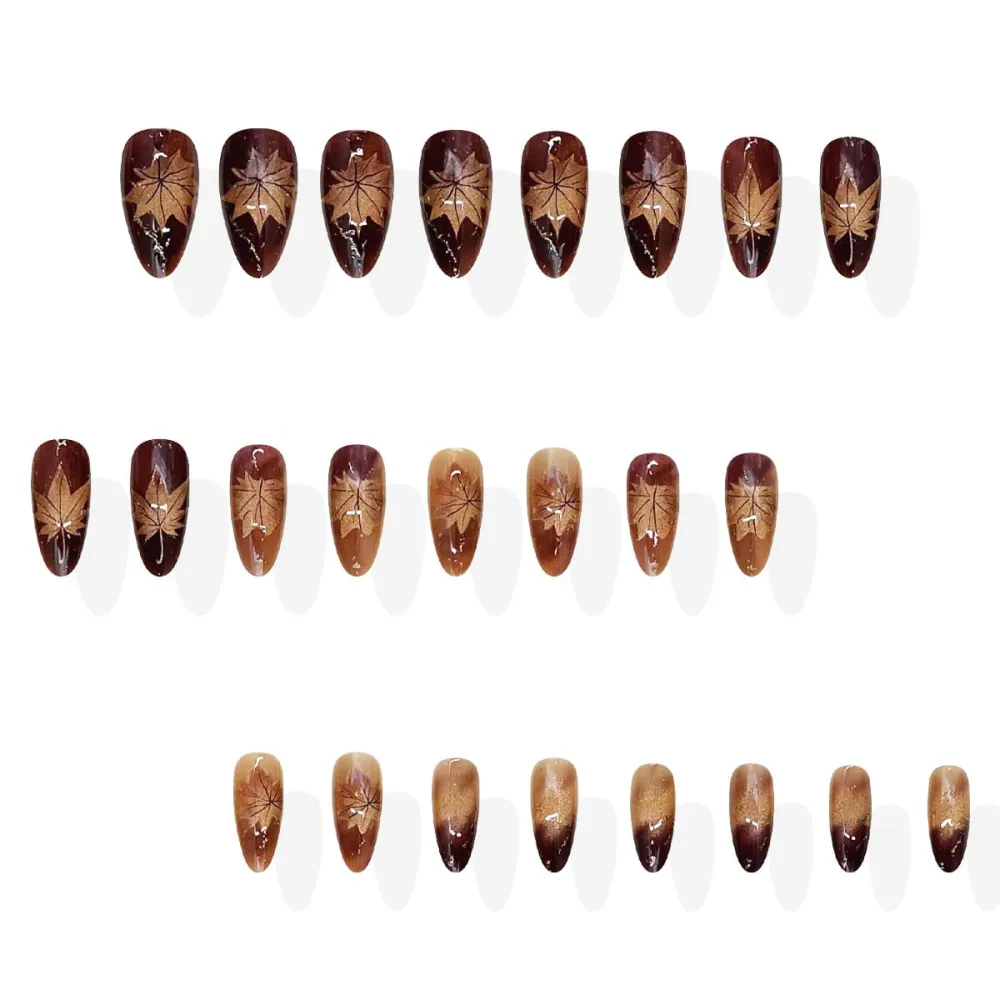 Nailhour 24Pcs Thanksgiving Brown Gradient Medium Almond French Press On Nails