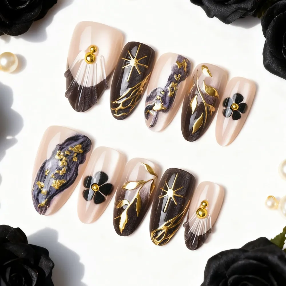 Nailhour 30Pcs Floral 3D Gilded Medium Almond Cat Eye French Press On Nails