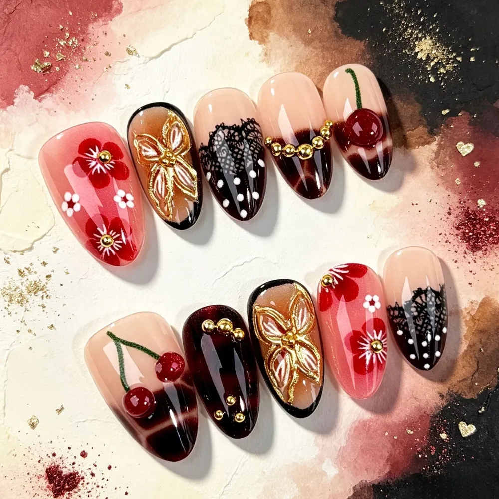 Nailhour 30Pcs Gilded 3D Cherry Medium Almond French Press On Nails