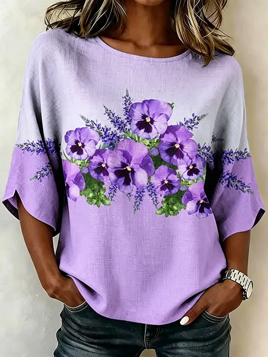 Alzheimer's Floral Stitch Pattern Print Half Sleeve Casual Blouse