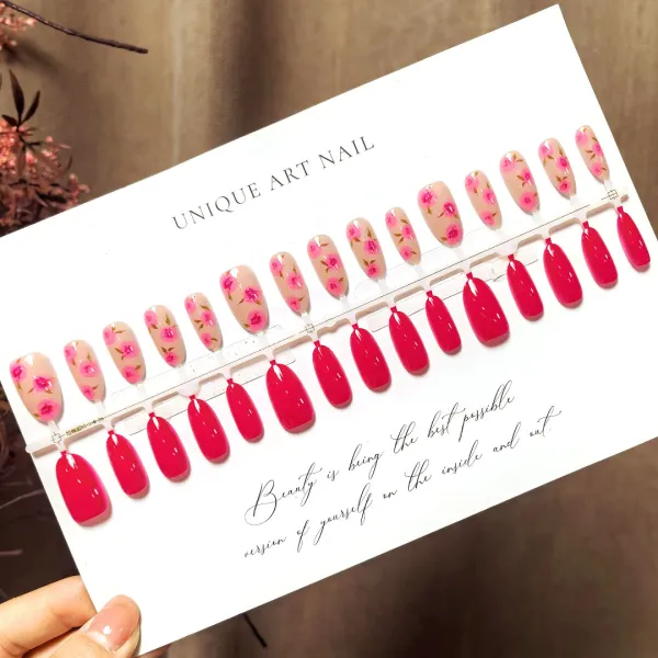 Nailhour 30Pcs Nude Vintage Roses Medium Almond Press On Nails