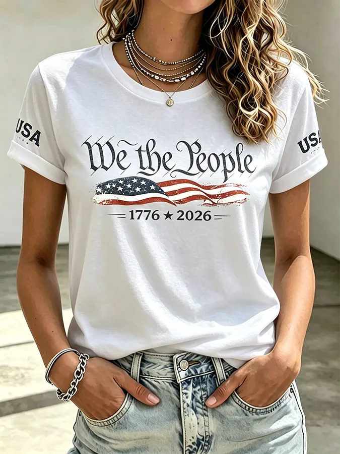 Embroidered Printed Round Neck Short Sleeved T-Shirt Commemorating The 250Th Anniversary Of The United States