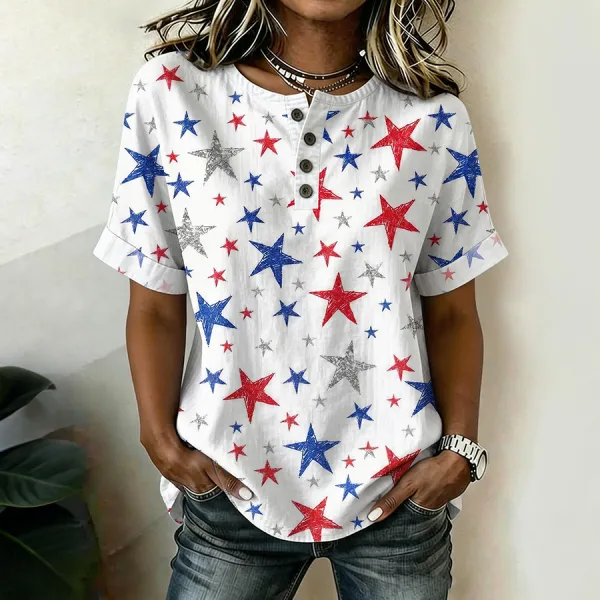 Women's Casual Patriot Cotton Linen Short-Sleeve Button-Up Shirt