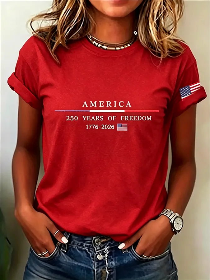 Embroidered Printed Round Neck Short Sleeved T-Shirt Commemorating The 250Th Anniversary Of The United States
