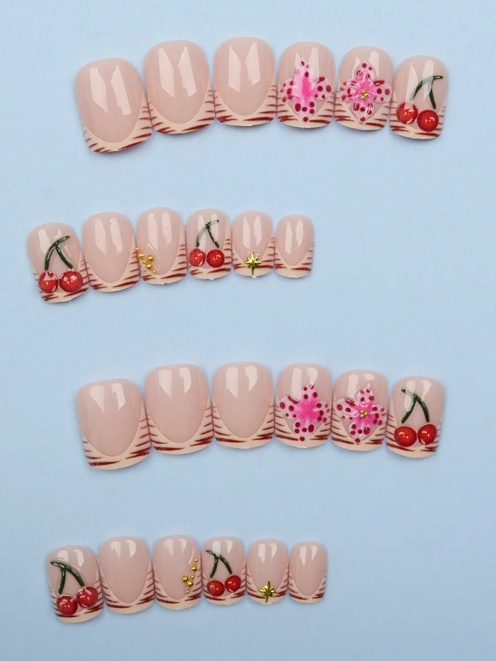 Nailhour 24Pcs French 3D Flower Cherry Nail Art Acrylic Press-On Nails