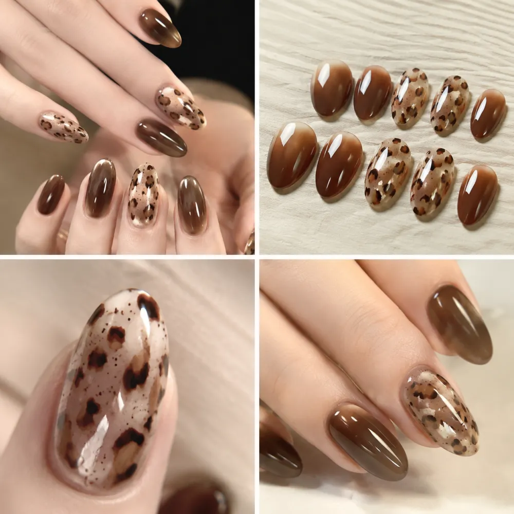 Nailhour 30Pcs Cat Eye Brown Medium Almond Press On Nails