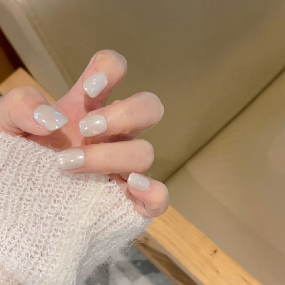 Nailhour 10Pcs Nude French Cat Eye Minimalist Short Square Press On Nails