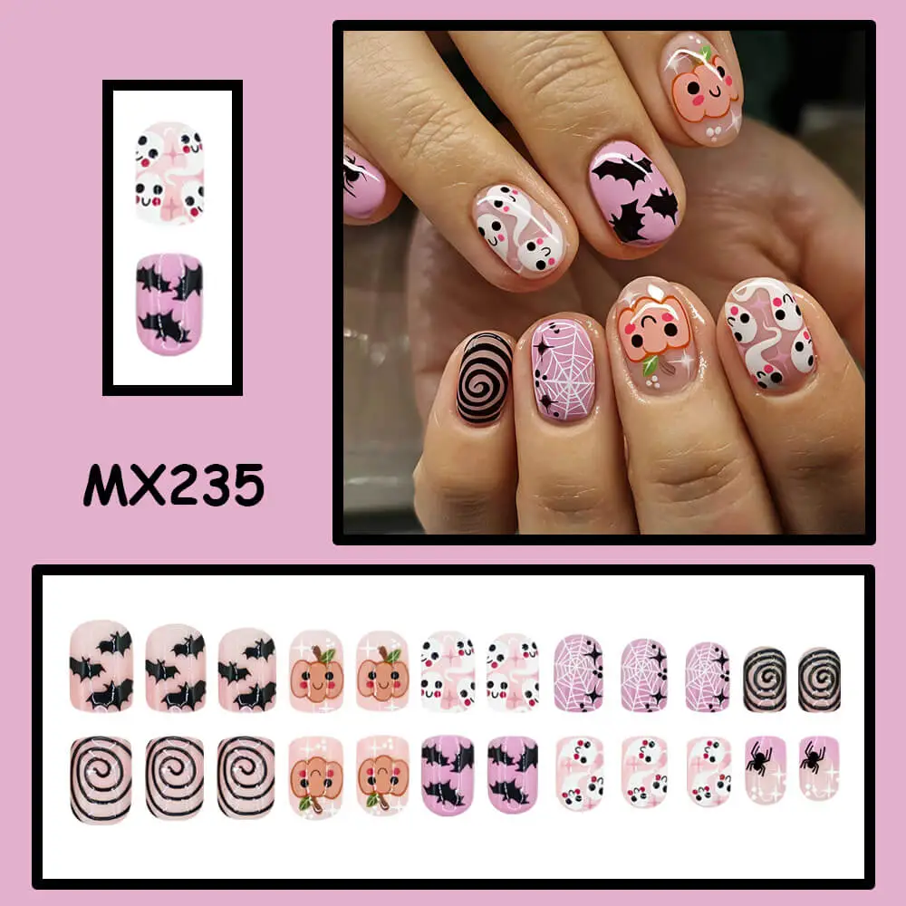 Nailhour 24Pcs Halloween Short Square Pink PumpkinPress On Nails