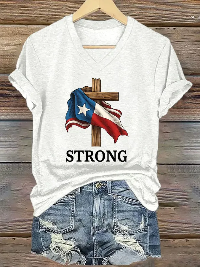 V-Neck Retro Texas Strong Faith Cross Print T-Shirt