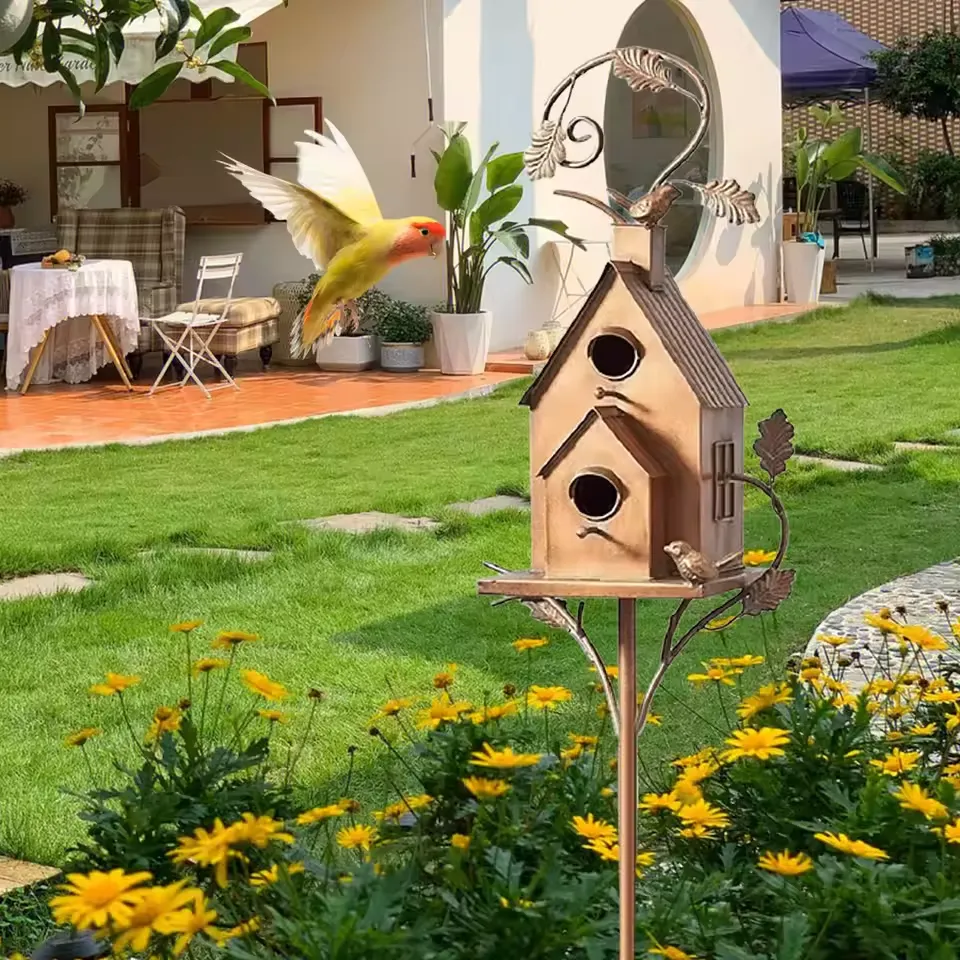 Birdhouse Garden Stakes Metal Bird House