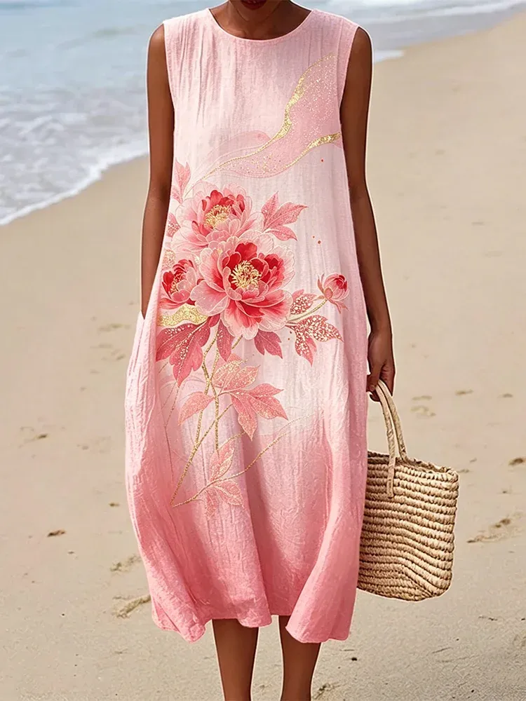 Classy Pink Peony Art Gradient Linen Tank Dress