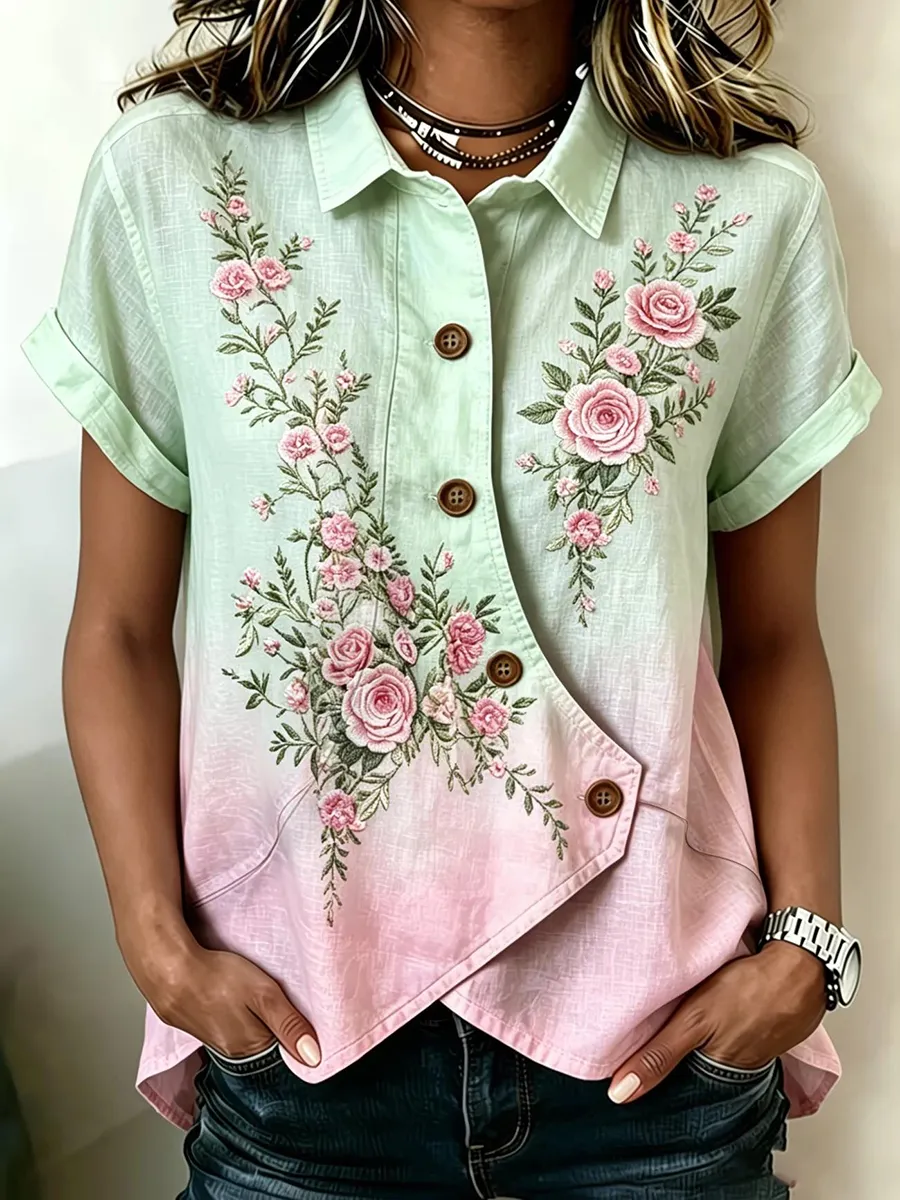 Women's Retro Rose Casual Gradient Cotton Linen Blend Shirt